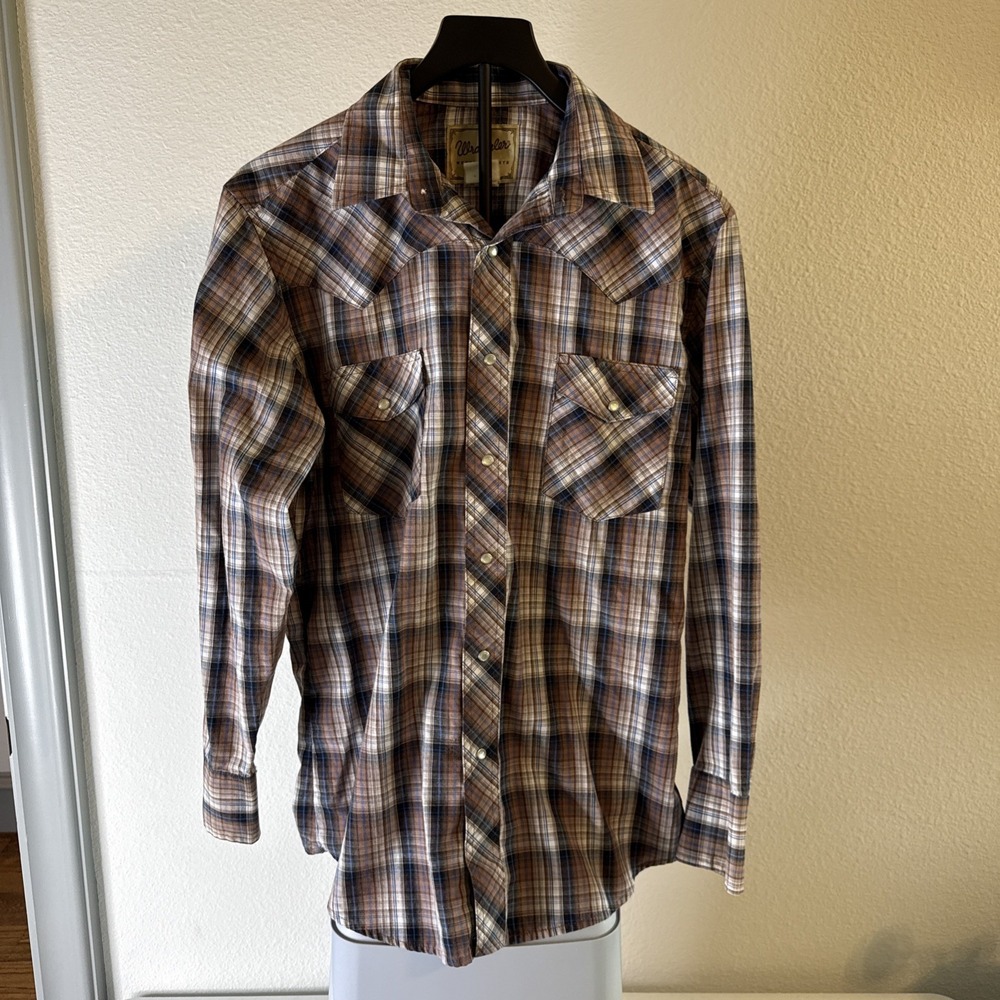 Wrangler Men's Pearl Snap Shirt Brown Plaid Long Sleeve Size M